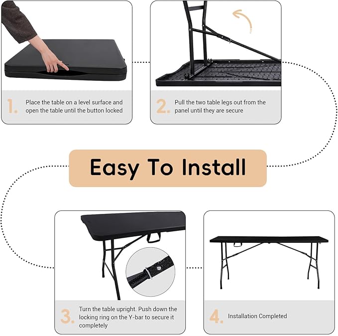Folding Table 6FT HDPE 6 Foot Foldable Table Portable Banquet Surface Fold-in-Half Desk Utility for Working Meeting Parties, Picnic, Camping, Weddings, Catering, Garden Dining-Black