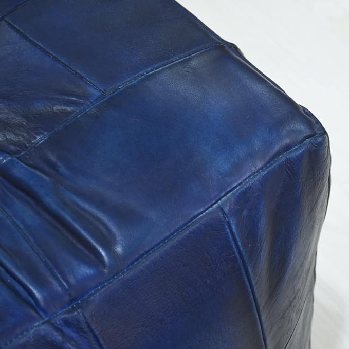 Handmade Eco-Friendly Geometric Leather Pouf Vintage Blue Color Square 16" x 16" x 16" Buffalo Leather Pouf for Living Room, Bedroom Seating, Patio