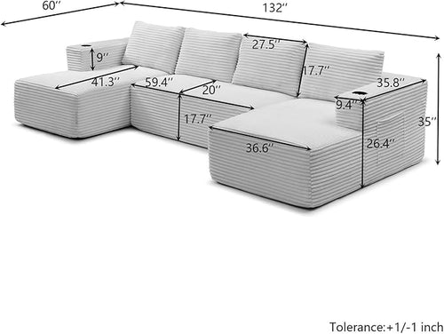 132 Inch Modular Sectional Sleeper Sofa, Boneless Cloud Couch for Living Room, U Shaped 5 Seat Sofa with 2 Cup Holders, Free Combination, No Assembly Required (Black)