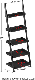 Lavish Home Bookshelf - 5-Tier Ladder Shelf with Leaning Look - Bookcase for Home Decor and Office Storage - Freestanding Book Shelves (Black)