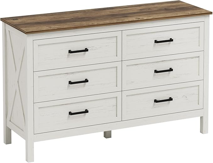 LYNSOM Farmhouse 6 Drawers Dresser for Bedroom, Wood Rustic Wide Chest of Drawers with Deep Drawers, Metal Handle, Storage Dressers Organizer for Entryway, Hallway, Antique White