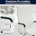 Office Chair, Ergonomic Executive Conference Room Chairs, Ribbed Leather Desk Chair with Lumbar Support, Adjustable Height Mid-Back Swivel Chair (Square Tube Armrests, White)