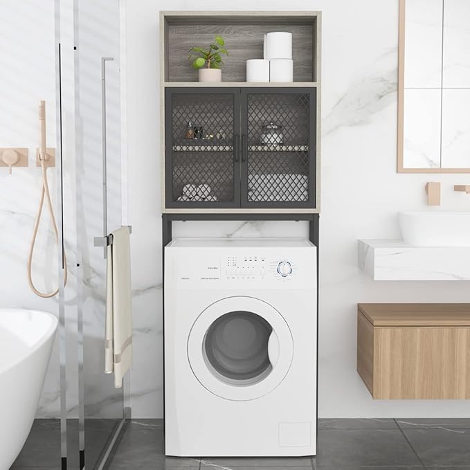 Launica Bathroom Space Saver, Over The Toilet Storage Cabinet, Metal and Wood Industrial Organizer Stand Above Toilet, Freestanding Rack Behind Toilet Wtih Shelf, Light Grey Oak