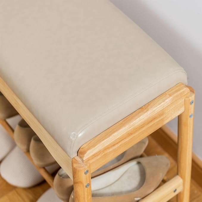 latifolia Small Shoe Bench, Solid Wood Bench with Cushion, 2 Tier Shoe Storage Organizer for Entryway(Nature,17.71''L)