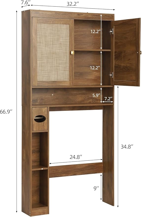 Over The Toilet Storage Cabinet, Over Toilet Bathroom Organizer with Double Doors and Adjustable Shelf, Freestanding Home Space Save Toilet Rack (Rustic Brown, Double Doors)