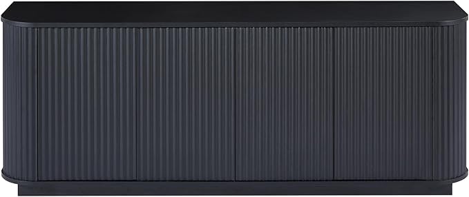 LKTART 64" Sideboard Buffet Cabinet with Storage, Wooden Fluted Storage Cabinet Sideboard Credenza with Adjustable Shelves Pressed Spring for Kitchen Living Room (Black Gray)