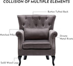 Accent Reading Arm Chairs for Living Room Bedroom, Midcentury Modern Comfy Corner Sofa Chair, Wingback Waiting Room Club Chair with Button Tufted Back &Lumbar Pillow, Velvet Grey