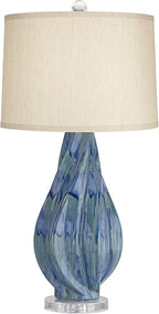 Possini Euro Design Teresa Modern Coastal Table Lamp 31" Tall Teal Blue Drip Ceramic Beige Fabric Drum Shade Decor for Bedroom Living Room House Bedside Nightstand Home Office Entryway Family