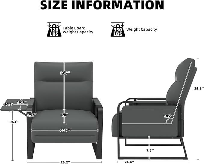 Upholstered Accent Chair, Modern Faux Leather Sofa Chair with Foldable Side Tray Table & Storage Pocket, Small Accent Sofa for Living Room, Bedroom, Reception Room, Gray