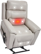 PELUMY Power Lift Recliner Chair for Elderly with Massage and Heat, Dual Motor Heavy Duty 350lbs Recliner, 8-Point Vibration & Lumbar Heating, Electric Lift Chair (Breathable Leather, Light Grey)