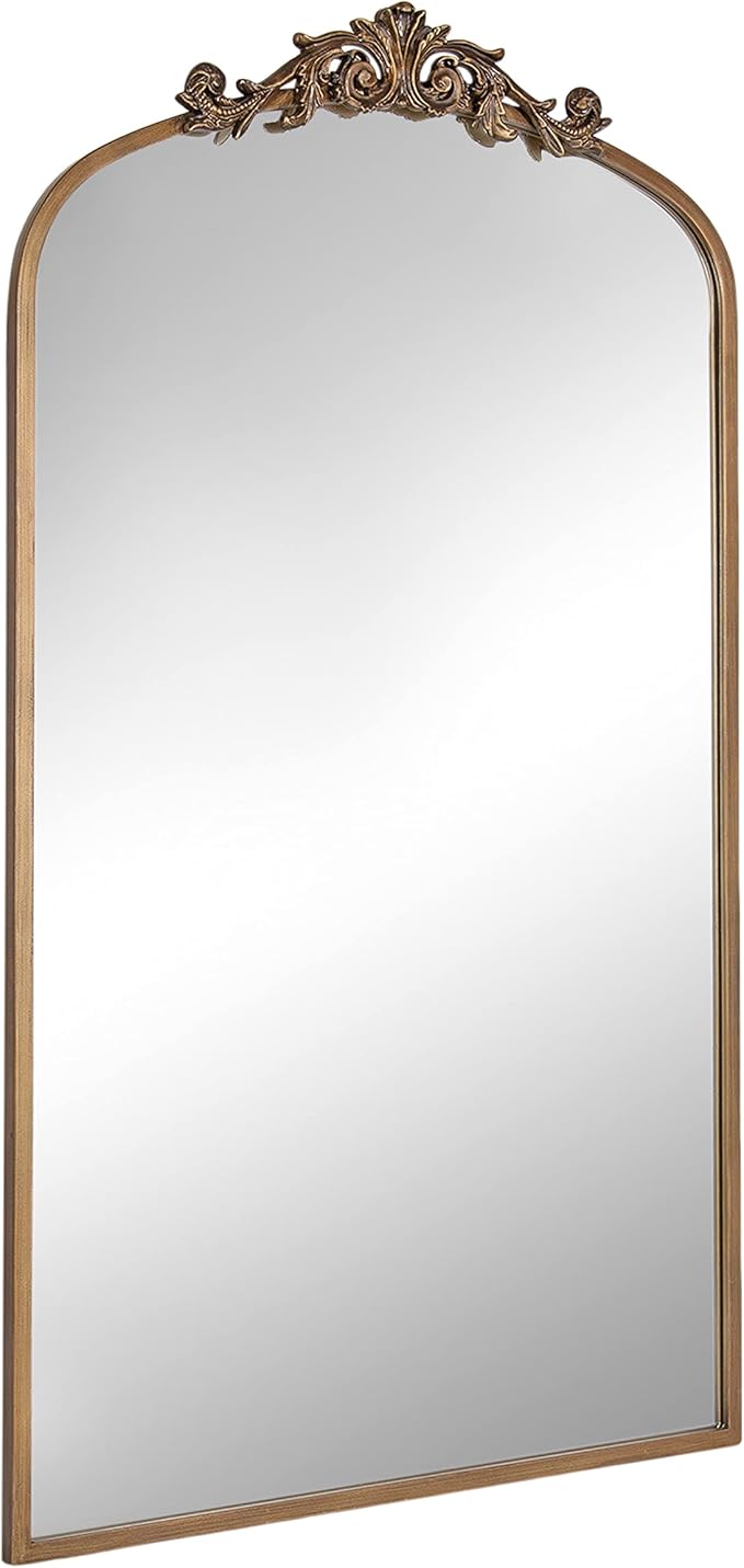 Kate and Laurel Arendahl Glam Arched Tall Panel Mirror; 24 x 42; Gold; Traditional Baroque Large Body Wall Mirror with Ornate Garland Inspired Crown