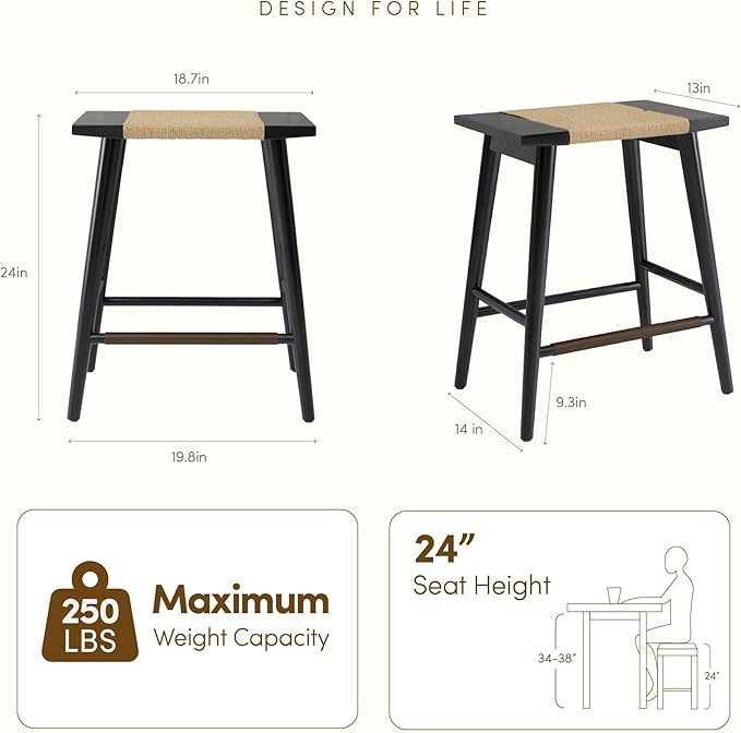 Thor Wicker Premium Solid Wood Counter Stool 24", Set of 2, Backless Counter Height Seating with Hand-Knitted Rope, Eco-Friendly Modern Design (Midnight Charcoal)