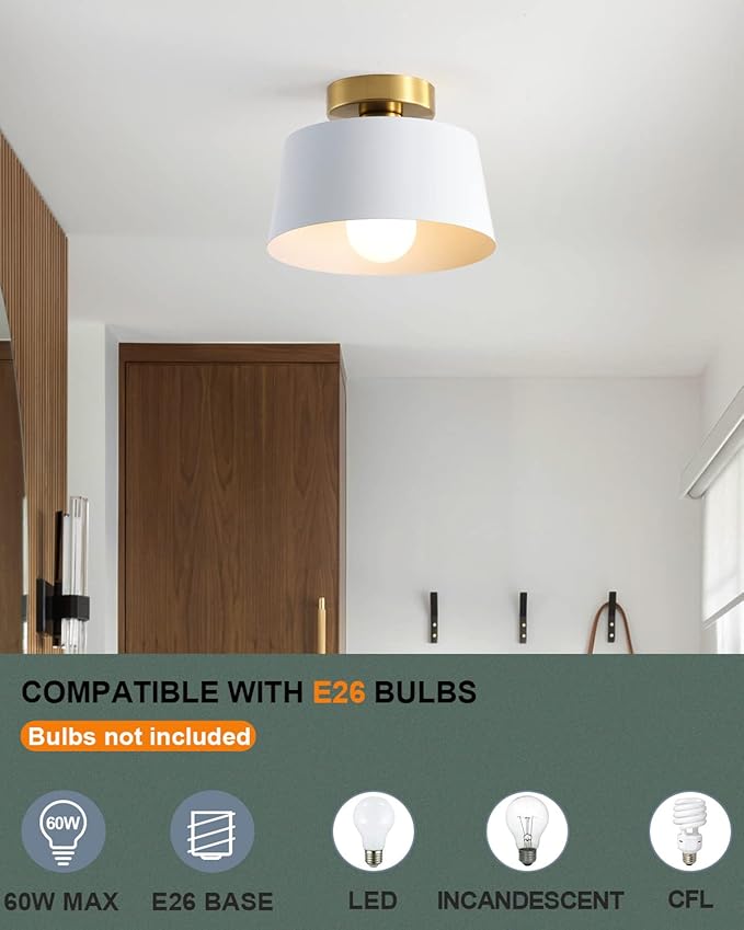 Ceiling Light Fixture, Hallway Ceiling Light with Gold Plate and White Shade, Modern Simple Style Porch Light Fixtures Semi Flush Mount (3 Pack White)