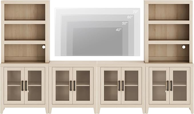 WAMPAT Farmhouse Entertainment Center with Bookshelves, 4-Piece Modular TV Stand with Storage Towers, Glass Doors, Open Shelves, Media Console for Living Room, Home Theater, Beige