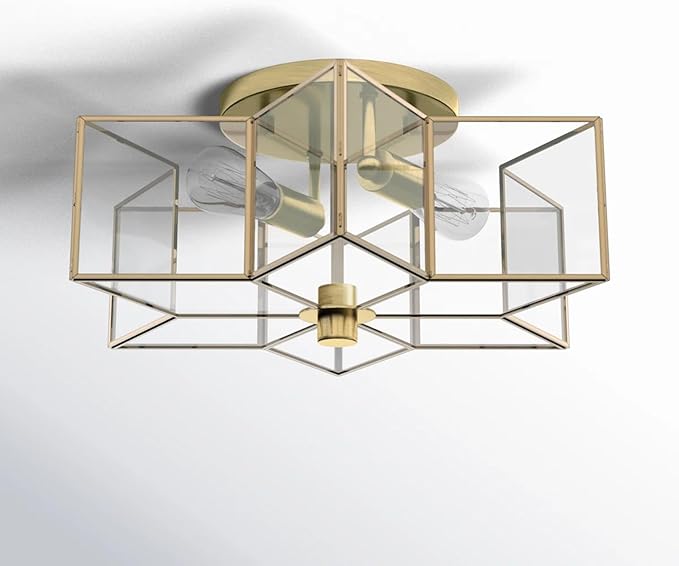 Bofea-Gold Ceiling Light Modern Semi Flush Mount Ceiling Lights Vintage Hallway Lights Fixture Brass Star Flush Light Fixture Unique Glass Semi Flush Mount Chandelier for Bedroom Foyer Entry Lamp