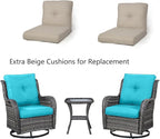 HUMMUH 3-Piece Swivel Rocking Rattan Chair Outdoor, Patio Bistro Furniture Conversation Set, Cushioned Wicker Chair with Glass Coffee Table(Grey,Blue)