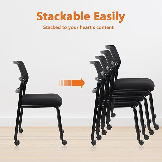 CLATINA Stacking Armless Office Guest Chair with Wheels, Stackable Mesh Waiting Room Reception Desk Chairs with Adjustable Backrest for Conference Lobby Side School, Black, 8PK