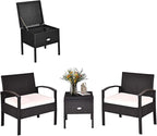 COSTWAY Rattan Patio Furniture Set 3 Pieces, Wicker Conversation Set with Tempered Glass Coffee Table, Seat Cushions, Outdoor Chair Wicker Sofa for Backyard Balcony Porch Poolside, White