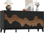 UEV 9 Drawer Dresser for Bedroom, 63" Long Mid-Century Modern Chest of Drawers with Unique Water Stream Pattern, Wooden Dressers Organizer for Living Room, Nursery (Black and Brown)