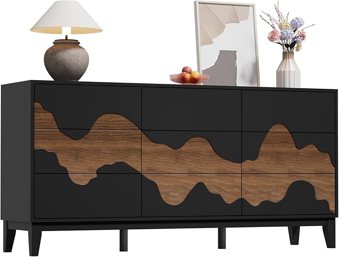 UEV 9 Drawer Dresser for Bedroom, 63" Long Mid-Century Modern Chest of Drawers with Unique Water Stream Pattern, Wooden Dressers Organizer for Living Room, Nursery (Black and Brown)