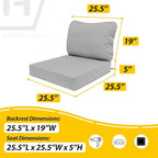 AAAAAcessories Outdoor Deep Seat Cushions, Waterproof, Fade-Resistant Patio Furniture Replacement Cushions, 25.5" x 25.5" x 5" + 25.5" x 19", Set of 2, Gray