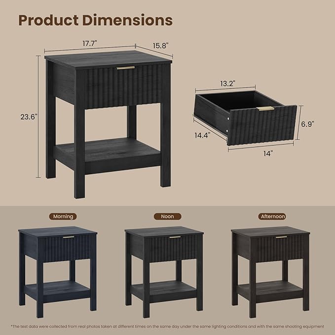 Fluted Night Stand with Golden Handle,Set of 2 Mid-Century Nightstands with Drawer, Bedside Table with Storage Shelf, Side Tables for Room,End Tables for Bedroom,Black Wood Grain