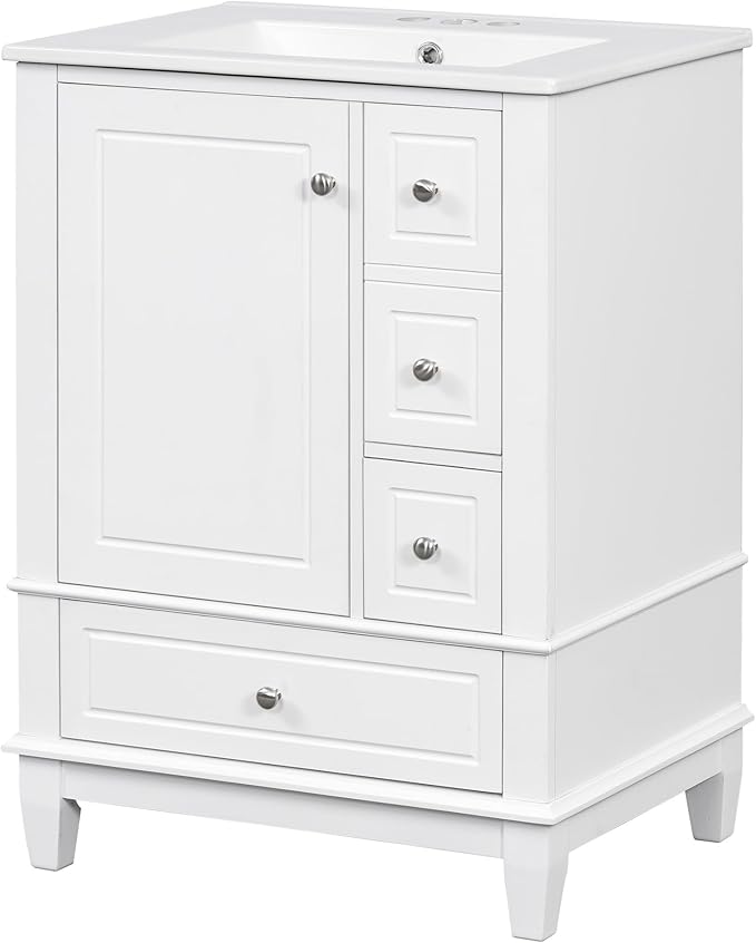 24 Inch Bathroom Vanity with Sink, Freestanding Bathroom Sink Cabinet with 3 Drawers and Storage Door Rack Organizer, Solid Wood Legs, White