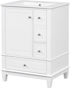 24 Inch Bathroom Vanity with Sink, Freestanding Bathroom Sink Cabinet with 3 Drawers and Storage Door Rack Organizer, Solid Wood Legs, White