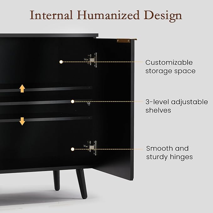 Fluted Black Storage Cabinet with Doors, Wood Sideboard Buffet Cabinet with Adjustable Shelf, Modern Accent Table for Living Room, Entryway