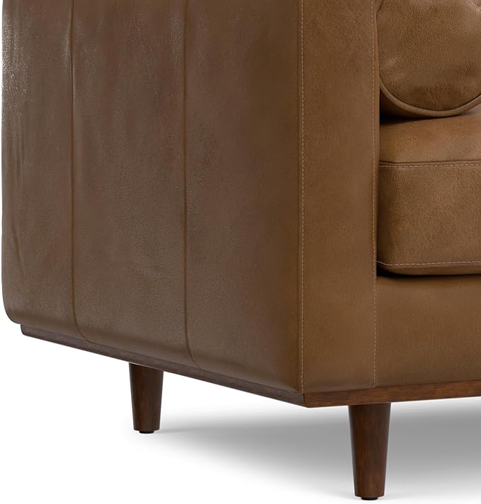 SIMPLIHOME Morrison Accent Chair - 43 inch Wide Upholstered Top Grain Genuine Leather Mid-Century Modern Arm Chair with Solid Wood Frame in Caramel Brown, for Living Room with 2 Bolster Pillows