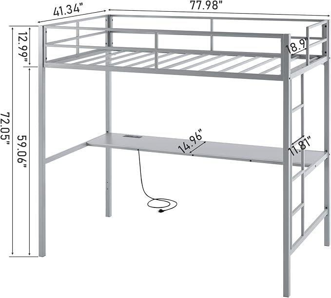 Karl home Twin Metal Loft Bed with Desk, with Power Outlet and LED Lighted, Safety Guardrail & Ladder, Space Saving, No Noise, No Box Spring Needed, Grey