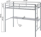 Karl home Twin Metal Loft Bed with Desk, with Power Outlet and LED Lighted, Safety Guardrail & Ladder, Space Saving, No Noise, No Box Spring Needed, Grey