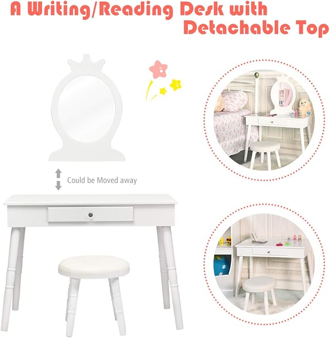 Costzon Kids Vanity Set, Wooden Princess Makeup Table with Cushioned Stool, Large Drawer, Solid Wooden Legs and Crown Mirror, Make Up Dressing Table Set for Girls (White)