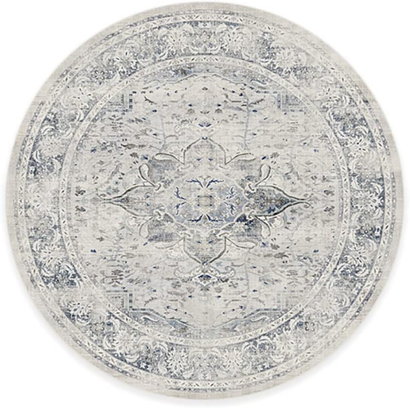 RUGGABLE Washable Vintage Area Rug – Sarrah Blue Quartz 6 ft Round, Stain-Resistant, Non-Slip – Medium Machine Washable Rugs for Living Room, Bedroom, Hallway, Entryway & Office–with Standard Pad