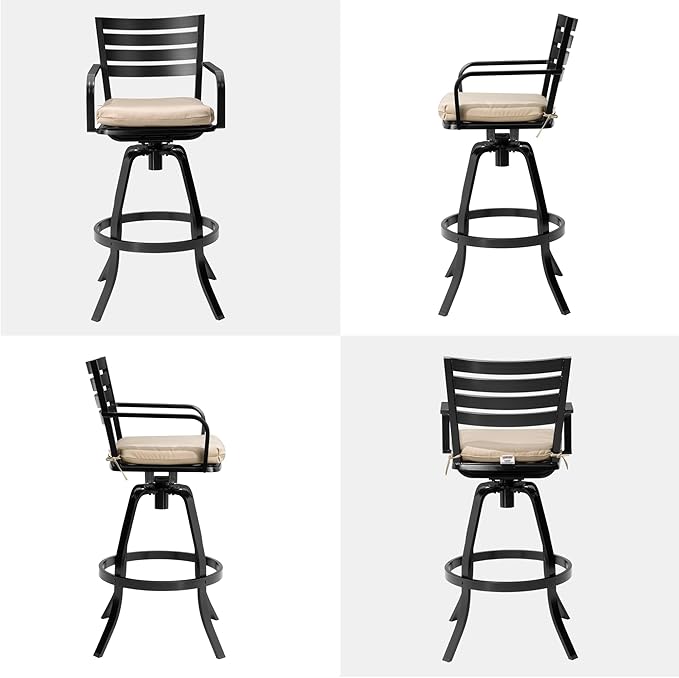 Pellebant 29.5" Sunbrella Outdoor Bar Stools Set of 2, Aluminum Swivel Patio Bar Height Bar Stools with Back & Footrest, Rust-Proof High Barstools for Deck Lawn Garden, Beige