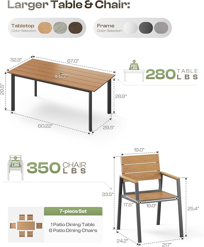 Outdoor Dining Set for 6, Outdoor Table and Chairs Set with Umbrella Hole, Patio Dining Sets, 7 Pieces HDPS Outdoor Furniture Sets for Patio, Garden, Backyard (Gray & Teak)