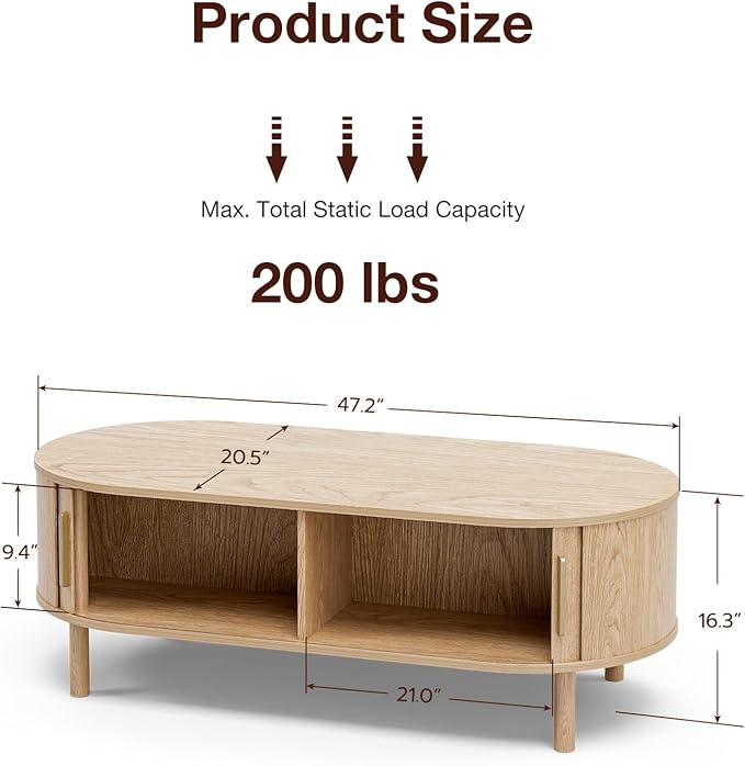 Coffee Table for Living Room, Modern Oval Coffee Table with Cabinets & Sliding Doors, Home Small Space, 47.2" Fluted Center Table, Natual