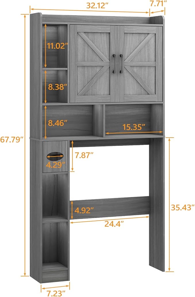 Vabches Over The Toilet Storage Cabinet, Farmhouse Style with 2 Barn Doors, Toilet Paper Holder, Space-Saving for Bathroom & Laundry, Gray
