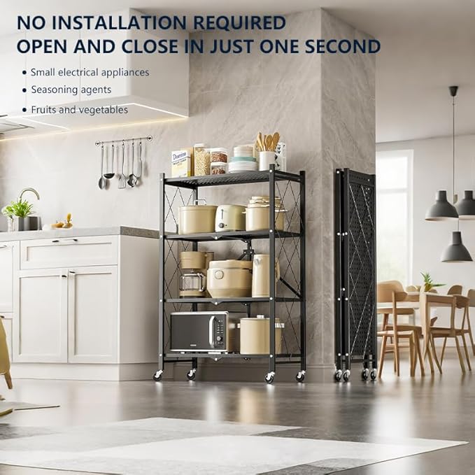 Four-Layer Foldable Storage Metal Shelf with Locking Wheels,Easy Assembly and Move Space-Saving Shelves Organizer Suitable for Kitchen, Pantry and Closet-28.54" L x 14.17" W x 46.06" H
