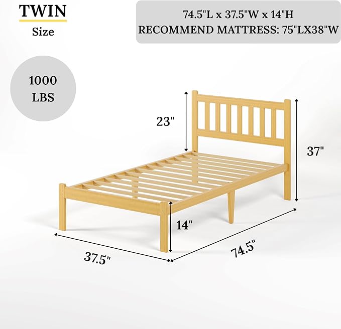 Askeld Wood Twin Bed Frame with Headboard, 14 Inch High Solid Bamboo Platform Bed No Box Spring Needed, Mid-Century Heavy Duty Bedframe, Easy Assembly, Noise Free