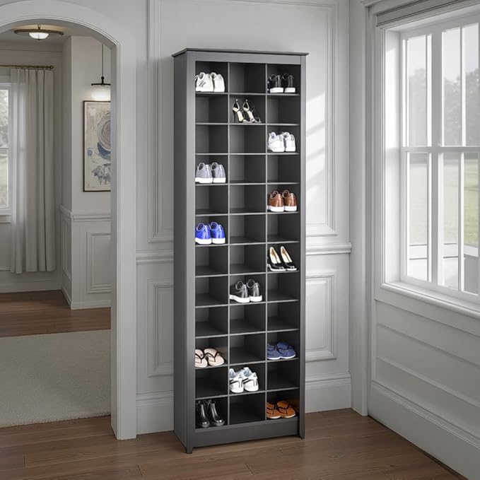 Prepac Elegant Black Shoe Storage Cabinet, Space-Saving Solution with Cubbies for 36 Pairs, 13"D x 23.5" W x 72.5" H