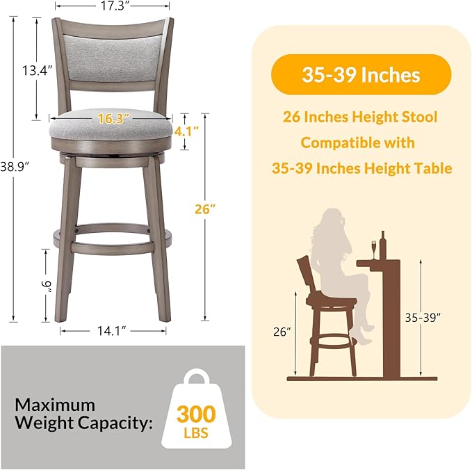 PrimeZone Swivel Bar Stools Set of 8, 26 Inch Counter Height Barstools, High Back Bar Stool with Solid Wood Legs & Wrap-Around Footrest, Counter Stools for Kitchen Island, Pub, Grey