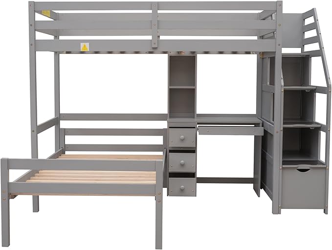 Twin Size Solid Wood Loft Bed with Storage Staircase and Desk, Bedroom Multifunctional Separable Bed Frame w/Shelves & Drawers,No Box Spring Needed,for Adult Kid Boy Girl,Gray