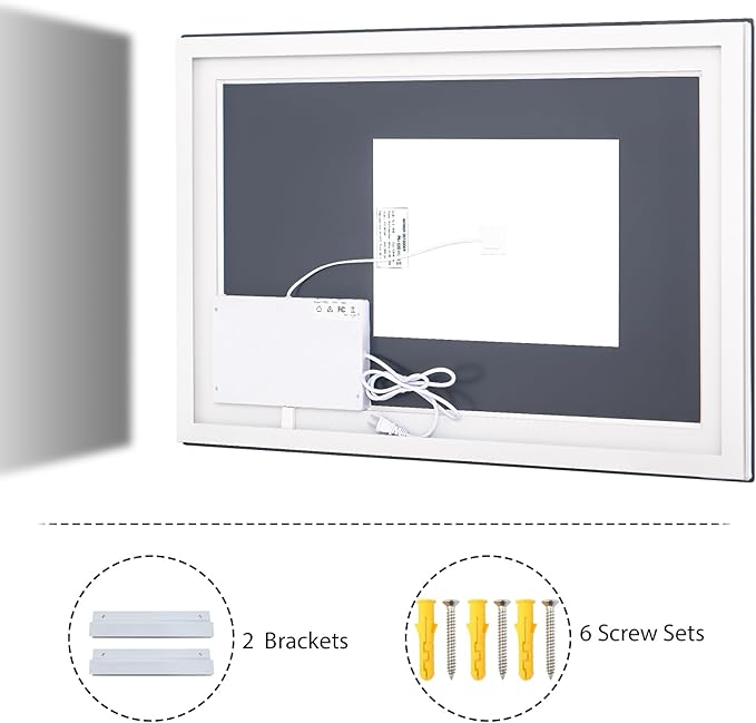 VooBang LED Wall Mounted Mirror with Lights, 40x30 inches Bathroom Mirror, Button to Adjust Lights, Three Lighting Modes, Tempered Glass with Anti-Fog Function, Suitable for Vanity and Bedroom, White