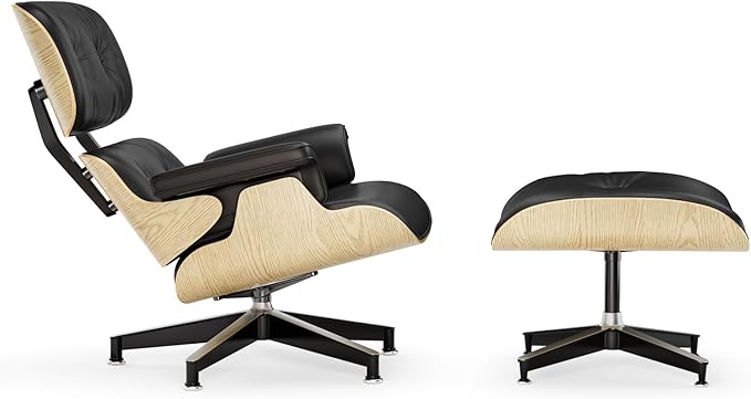 Top Black Grain Leather, Mid Century Chaise Lounge Chair and Ottoman, Modern Chair Classic Design, Ash Wood, Heavy Duty Base Support for Living Room Office