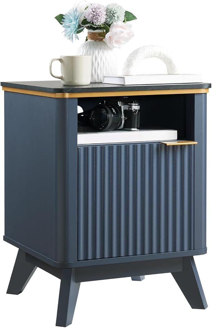 QUW Fluted Nightstands with Charging Station, 18" Modern Side Table, Wooden Bedside Table with Faux Marble Top, Open Storage, Cabinet, End Table for Bedroom, Living Room, Navy Blue
