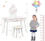 Costzon Kids Vanity Set, Wooden Princess Makeup Table with Cushioned Stool, Large Drawer, Solid Wooden Legs and Crown Mirror, Make Up Dressing Table Set for Girls (White)