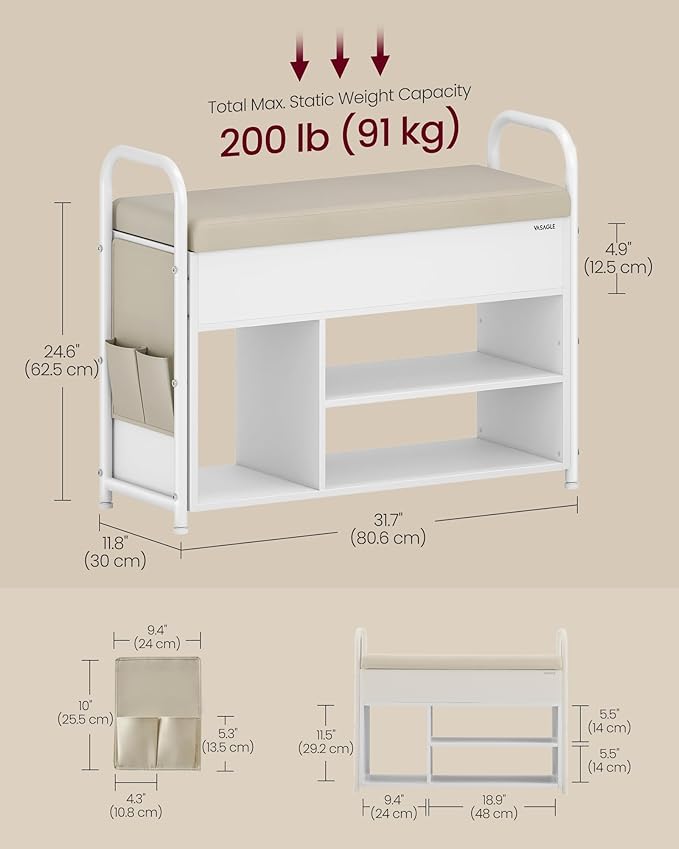 VASAGLE Shoe Bench, Shoe Rack, Entryway Furniture, Inner Storage Under The Lid, PU Pockets, Convenient Handles, for Entryway, Living Room, Bedroom, Cloud White and Cuppuccino Beige ULSB052W01