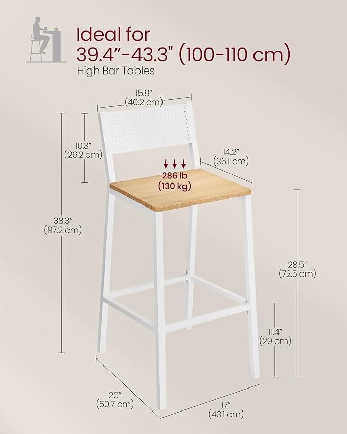 VASAGLE Bar Stool Set of 2, Bar Chairs for Kitchen, Dining Room, Industrial, Oak Beige and White ULBC070W09