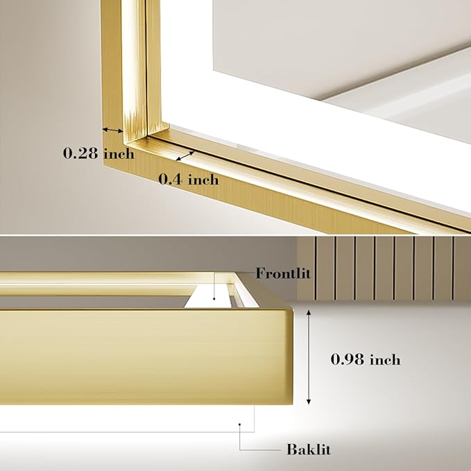 48X30 Inch Led Bathroom Mirror,Front and Backlit Lighted Mirror,Gold Metal Frame Vanity Light Mirror for Wall,Double Lights Strips,Anti Fog Stepless 3 Colors Temperature & Dimmable